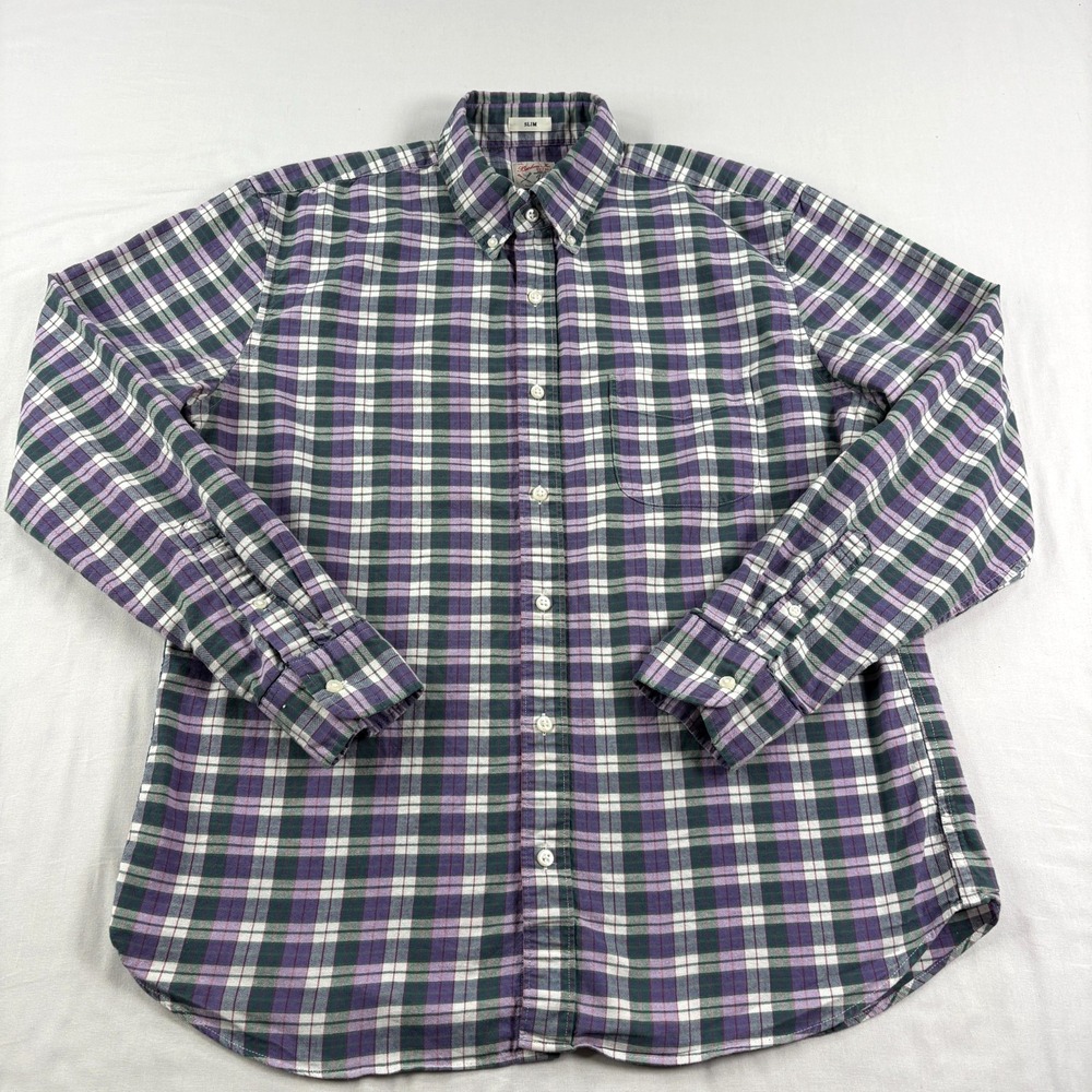 J Crew Shirt Mens Large Purple Plaid Broken In Oxford Button Up Slim Fit‎ Preppy